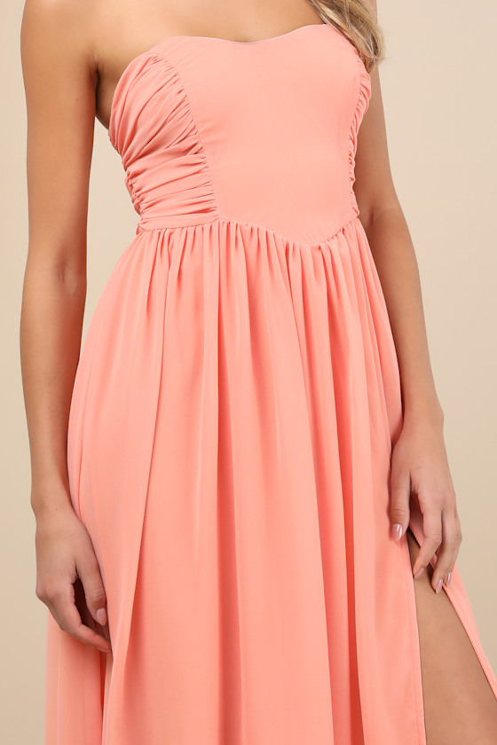 Lulus Luxe Favorite Peach Pink Strapless Ruched Maxi Dress In Peach