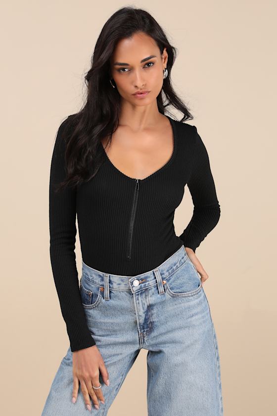 Najya Black Ribbed Knit Zip-Front Long Sleeve Bodysuit