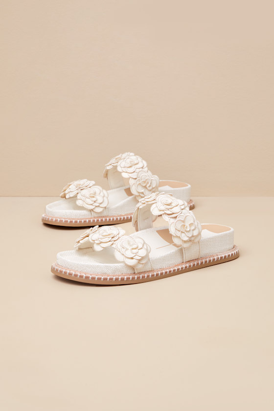 Sherla White Raffia Floral Applique Slide Sandals 1
