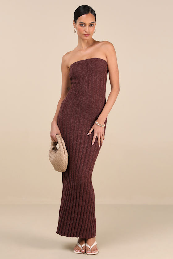 Koko Brown Ribbed Knit Strapless Maxi Dress 2