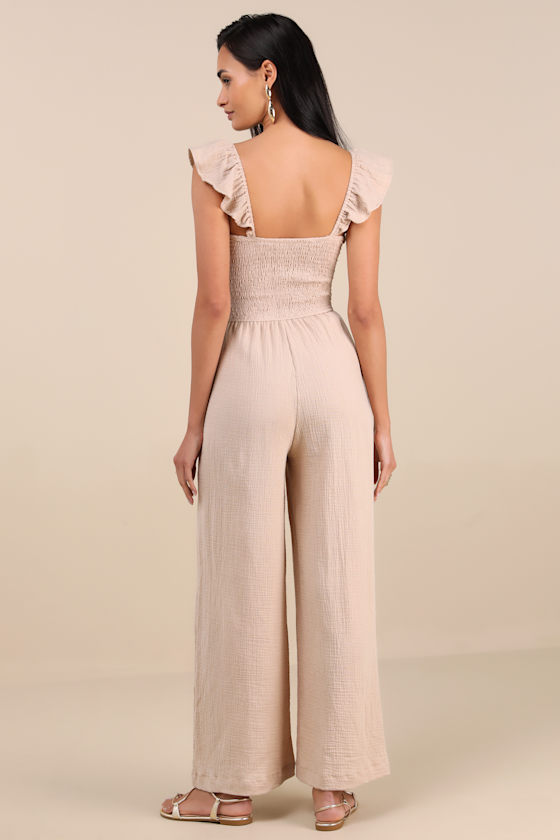 LULUS DANIYAH BEIGE SMOCKED FLUTTER SLEEVE WIDE-LEG JUMPSUIT
