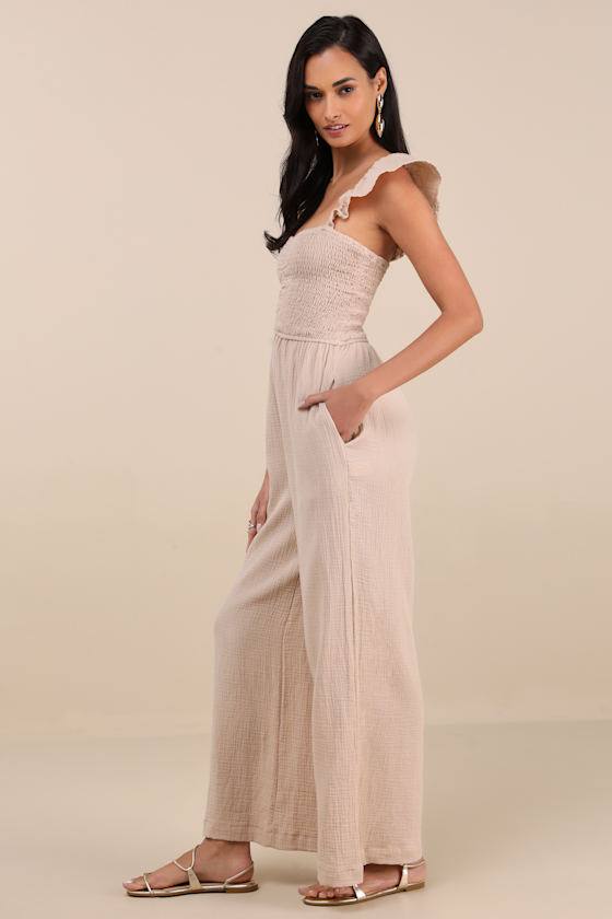 LULUS DANIYAH BEIGE SMOCKED FLUTTER SLEEVE WIDE-LEG JUMPSUIT