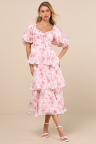 Romilly Light Pink Floral Tiered Midi Dress