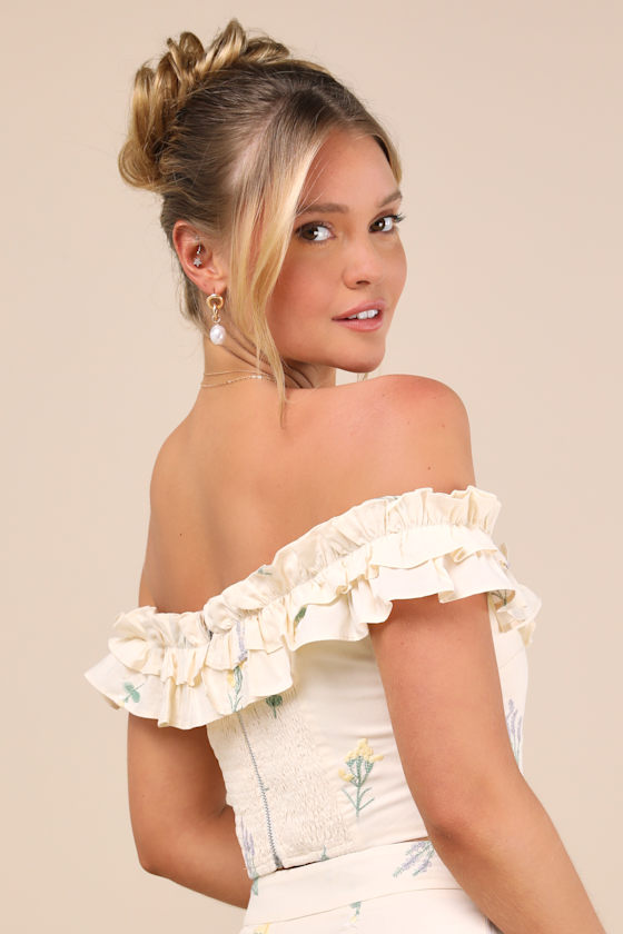 Lulus Rowena Cream Embroidered Ruffled Crop Top In White