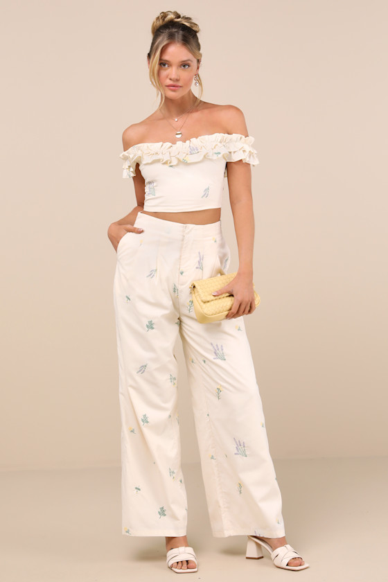 Lulus Rowena Cream Embroidered Ruffled Crop Top In White
