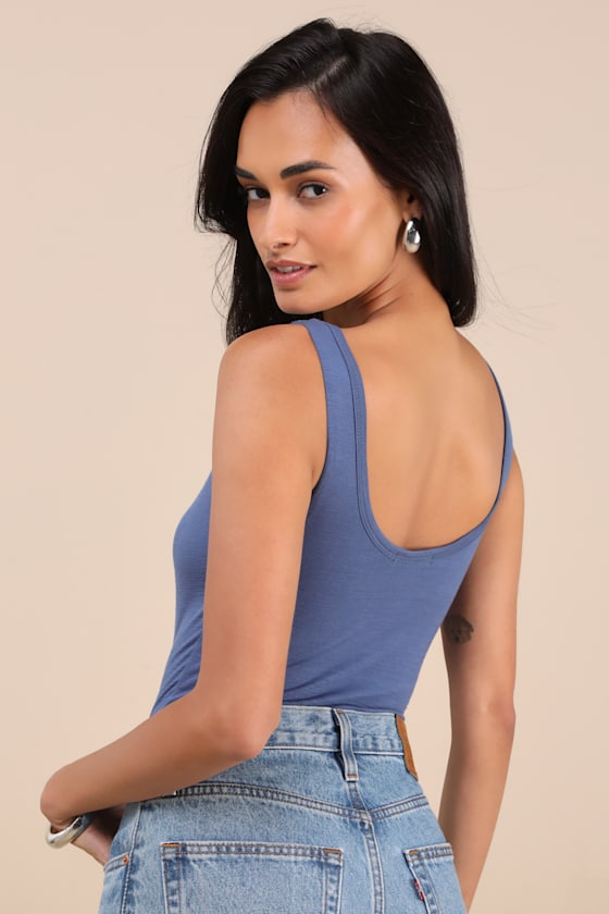 Lulus Unlimited Adventure Blue Sleeveless Scoop Neck Bodysuit In Blue
