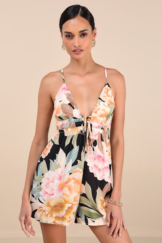 Sheila Black Multi Floral Tie-Front Romper 1