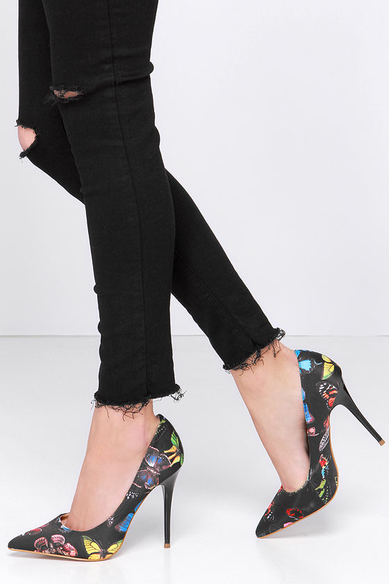 Fly Girl Black Butterfly Print Pumps