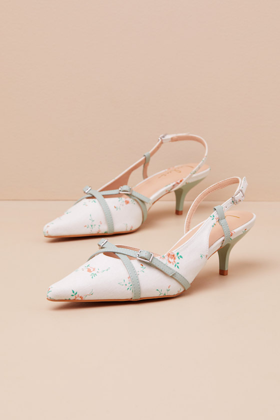 Lulus Marinette Mint Floral Pointed-toe Kitten Heel Pumps In White