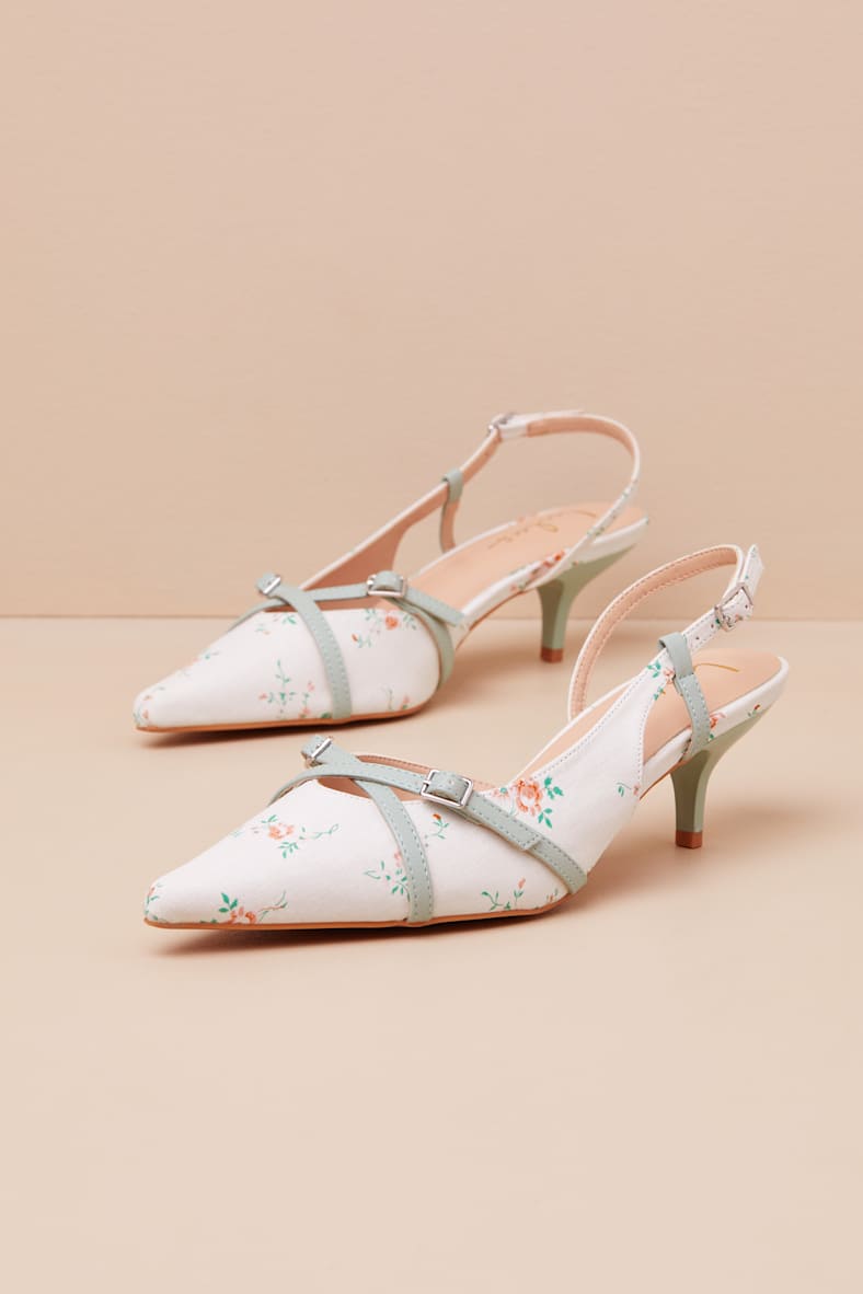 Marinette Mint Floral Pointed-Toe Kitten Heel Pumps
