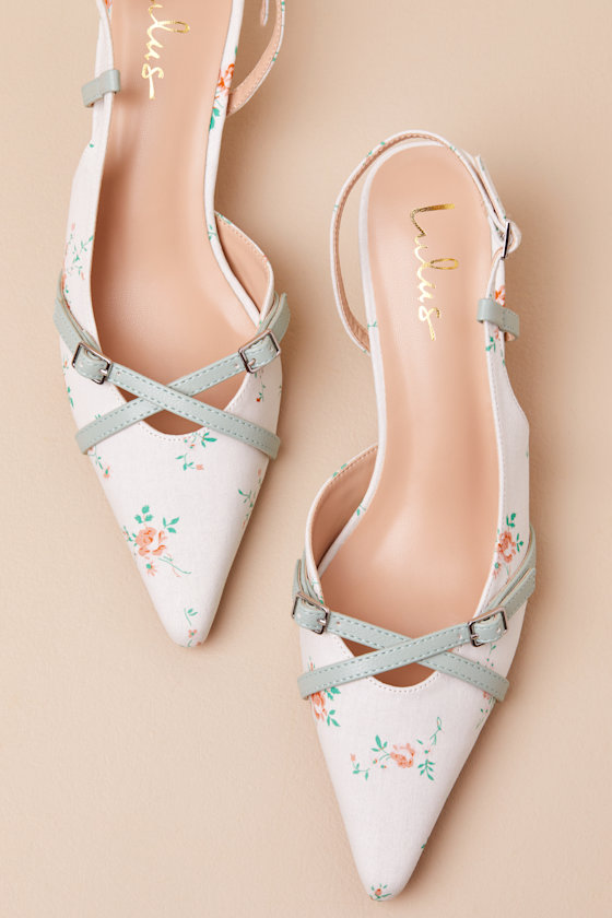Lulus Marinette Mint Floral Pointed-toe Kitten Heel Pumps In White