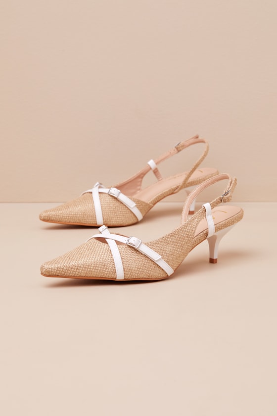 Lulus Marinette Natural Woven Pointed-toe Kitten Heel Pumps In Beige