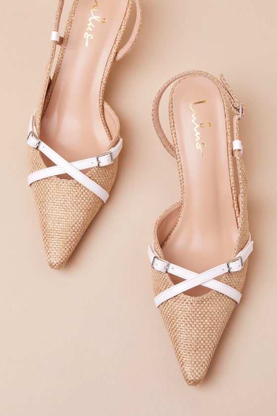 Lulus Marinette Natural Woven Pointed-toe Kitten Heel Pumps In Beige
