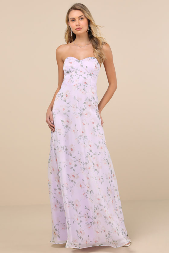 Lulus Chic Preciousness Lavender Floral Organza Bustier Maxi Dress In Purple
