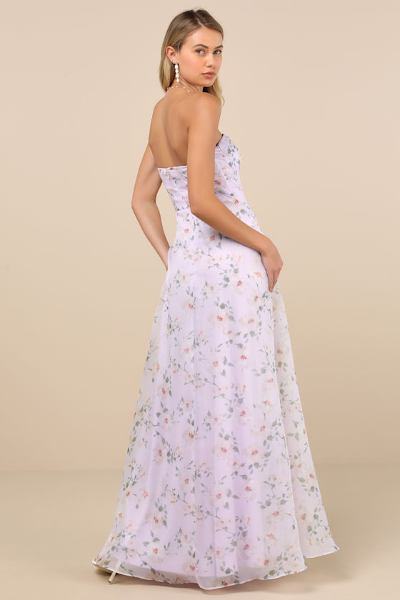 Lulus Chic Preciousness Lavender Floral Organza Bustier Maxi Dress In Purple