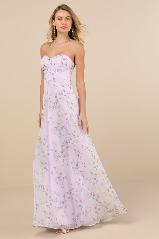 Lulus Chic Preciousness Lavender Floral Organza Bustier Maxi Dress In Purple