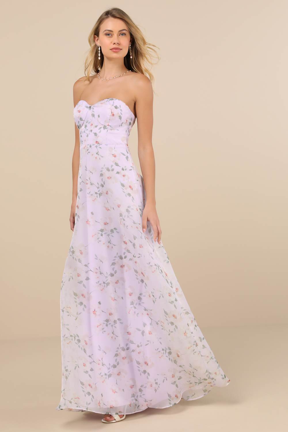 Chic Preciousness Lavender Floral Organza Bustier Maxi Dress