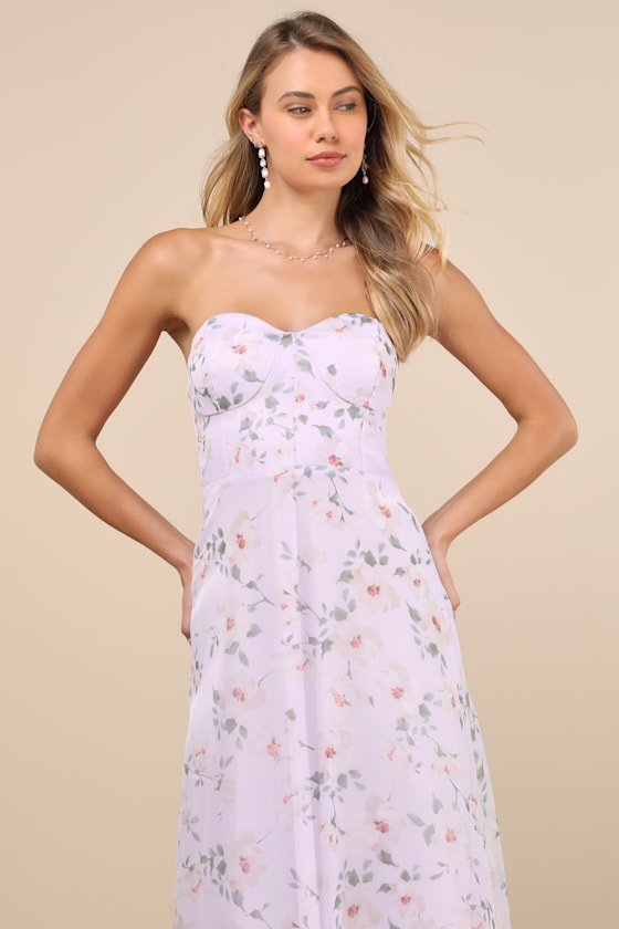 Lulus Chic Preciousness Lavender Floral Organza Bustier Maxi Dress In Purple