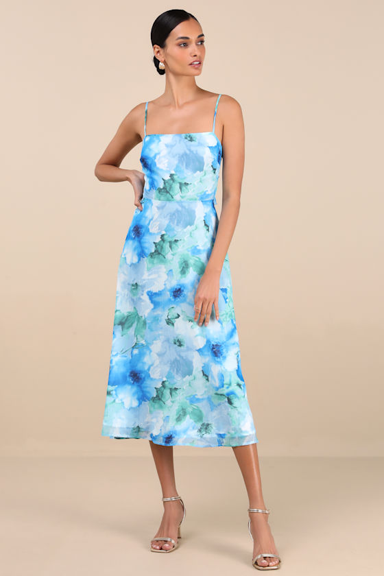 Lulus Radiant Feelings Blue And Green Floral Chiffon Midi Dress In Blue And Green