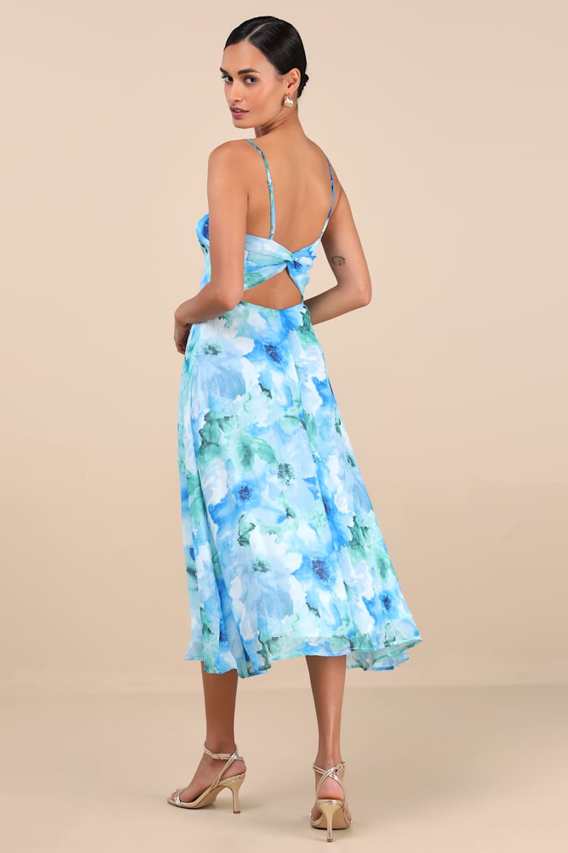 Blue and Green Floral Chiffon Midi Dress | Womens | Large (Available in XXL, XS, S, M, XL) | 100% Polyester | Lulus