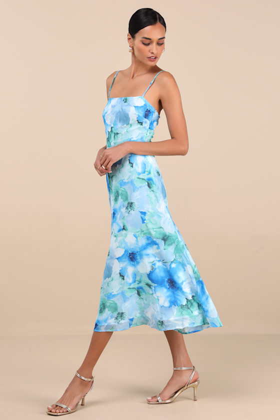 Blue and Green Midi Dress - Chiffon Floral Dress - Midi Blue and Green Midi Dress - Chiffon Floral Dress - Midi