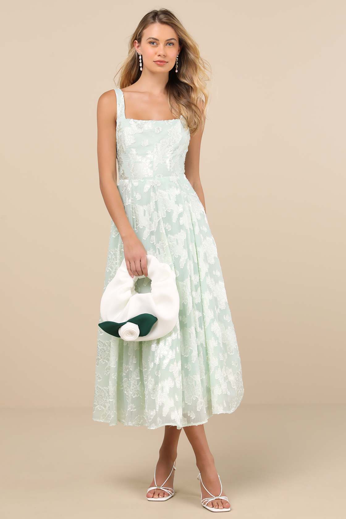 Loira Mint Burnout Jacquard Lace-Up Midi Dress