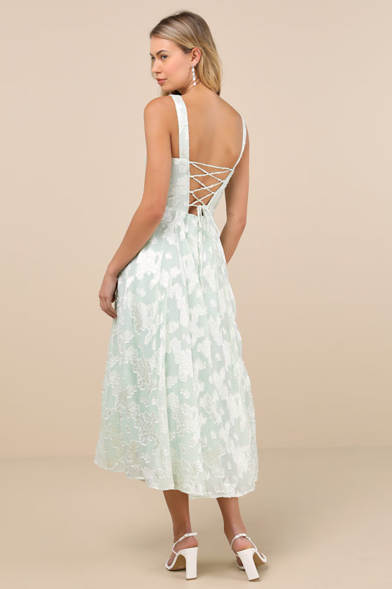 Lulus Loira Mint Burnout Jacquard Lace-up Midi Dress In Green