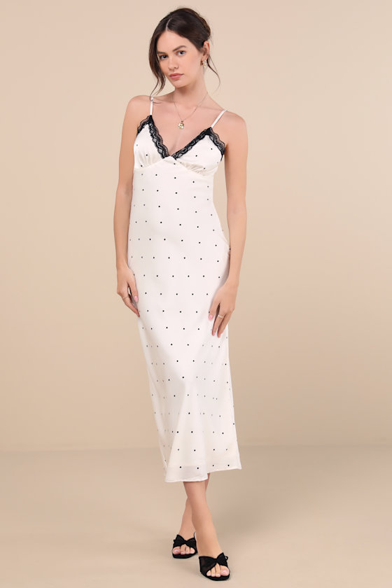 Shop Lulus Majella Ivory Polka Dot Satin Lace Slip Midi Dress