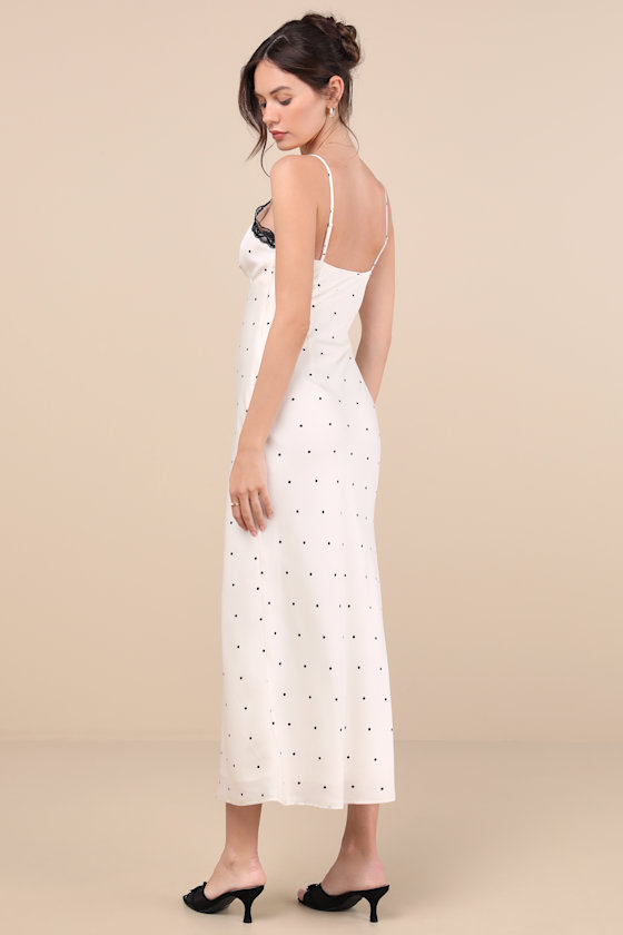 Shop Lulus Majella Ivory Polka Dot Satin Lace Slip Midi Dress