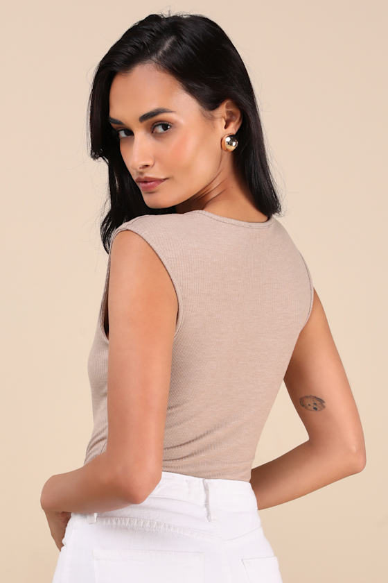 Lulus Sweet Crush Taupe Ribbed Square Neck Bodysuit In Taupe