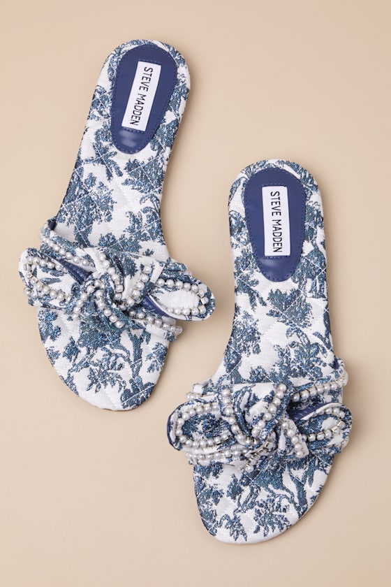 Steve Madden Misha Blue Multi Floral Knotted Pearl Slide Sandals In Blue