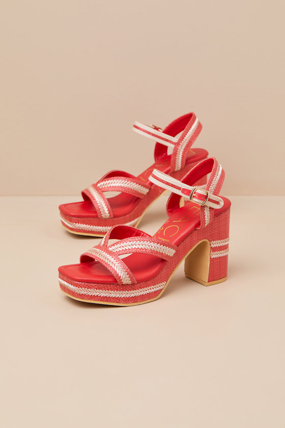 Beach By Matisse Adelaide Red Raffia Embroidered Platform Ankle Strap Sandals In Red