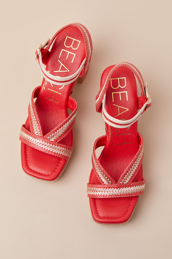 Beach By Matisse Adelaide Red Raffia Embroidered Platform Ankle Strap Sandals In Red