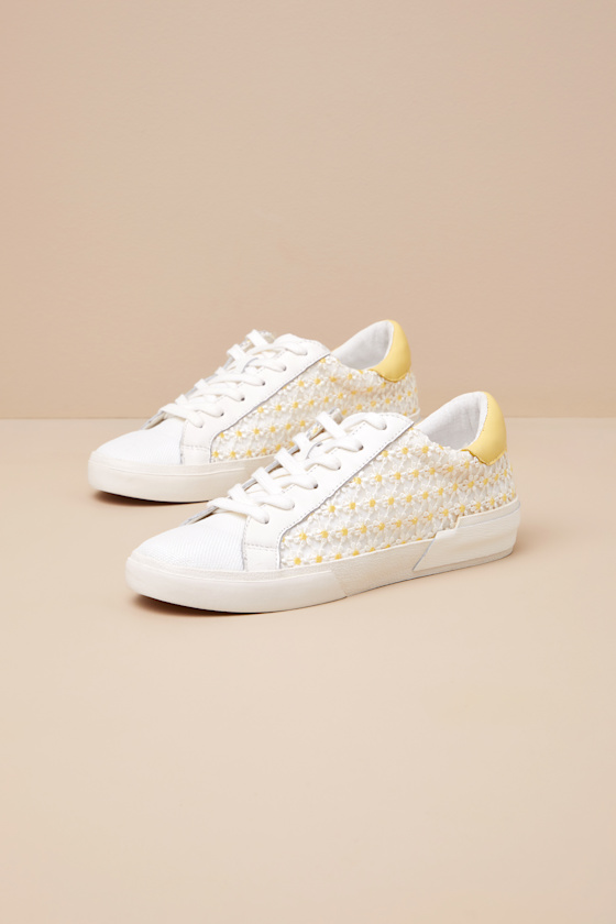 Dolce Vita Zina White And Yellow Floral Embroidered Mesh Sneakers In White And Yellow
