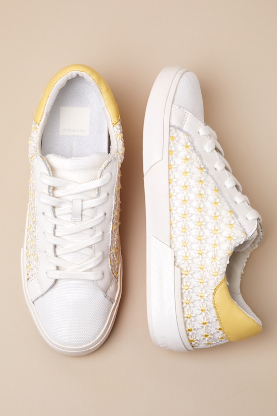 Dolce Vita Zina White And Yellow Floral Embroidered Mesh Sneakers In White And Yellow