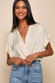 Posh Precision Champagne Satin Surplice Short Sleeve Bodysuit 1