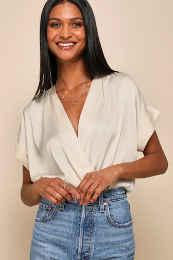 Posh Precision Champagne Satin Surplice Short Sleeve Bodysuit 1