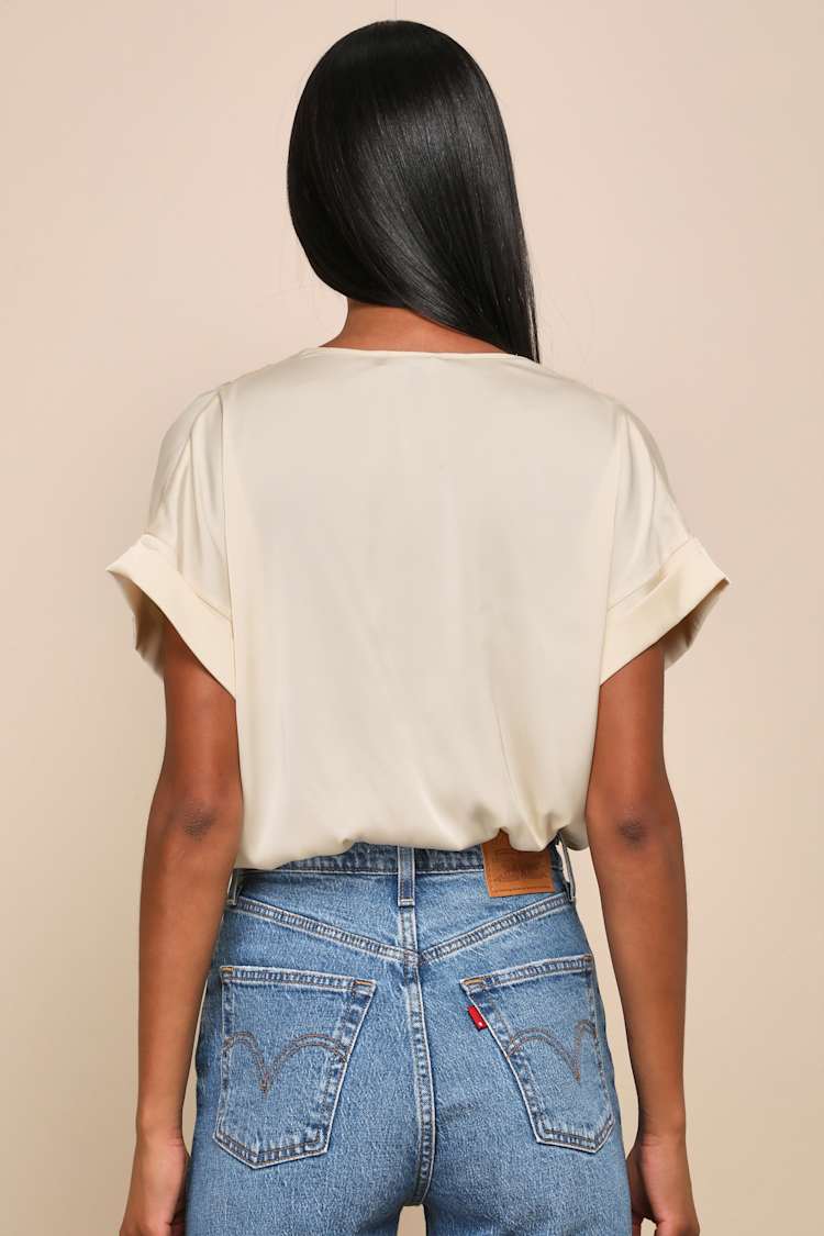 Posh Precision Champagne Satin Surplice Short Sleeve Bodysuit
