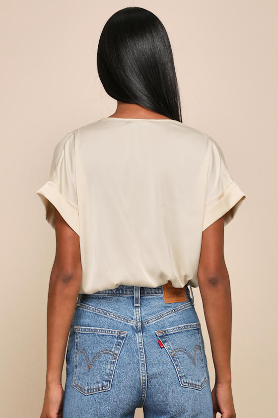 Posh Precision Champagne Satin Surplice Short Sleeve Bodysuit 2