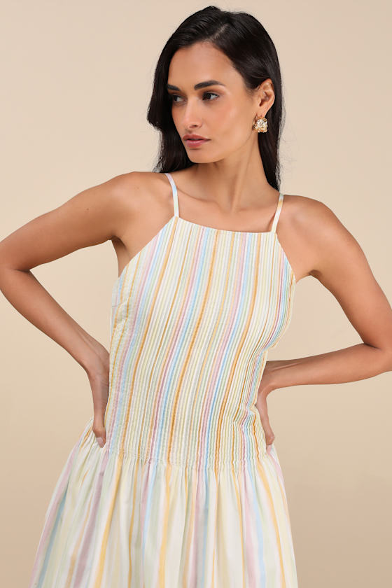 Lulus Jalessa Light Yellow Multi Striped Drop Waist Midi Dress In Light Yellow