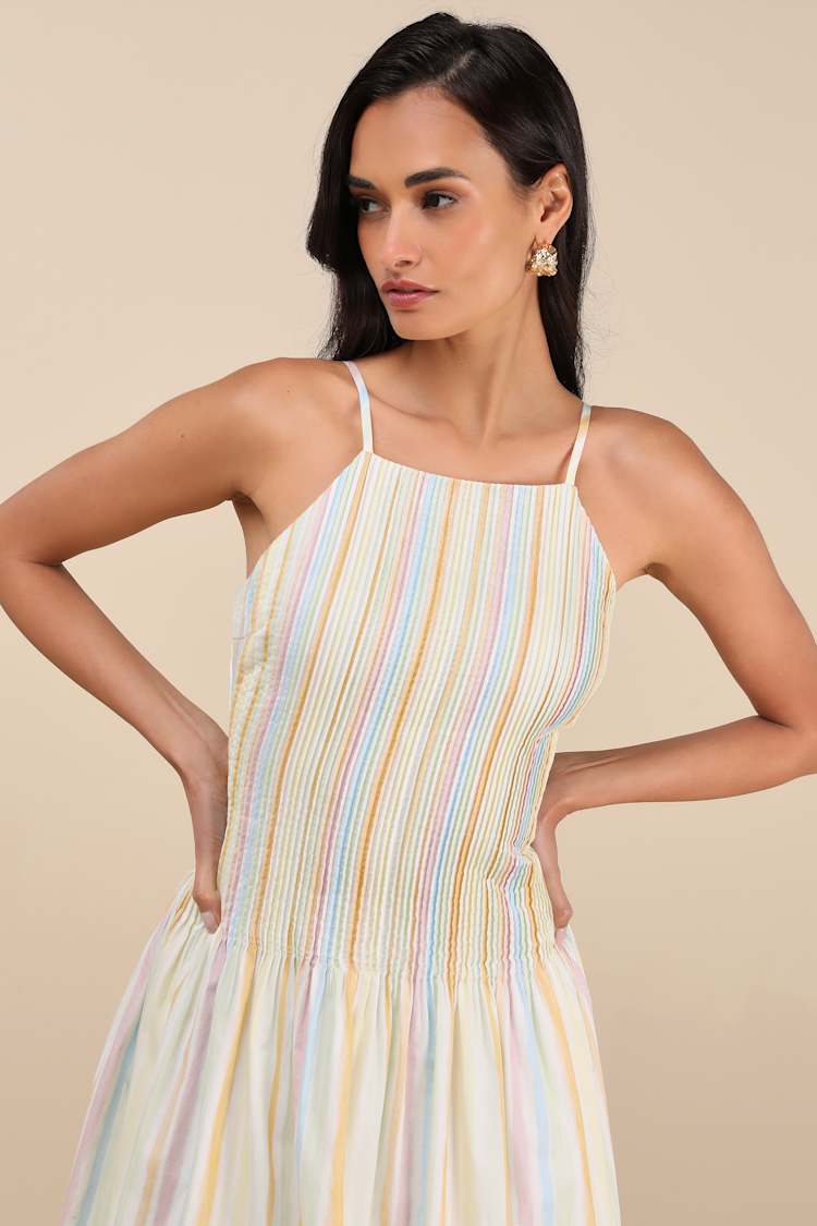 Light Yellow Multi Striped Dress - Textured Dress - Midi Dress