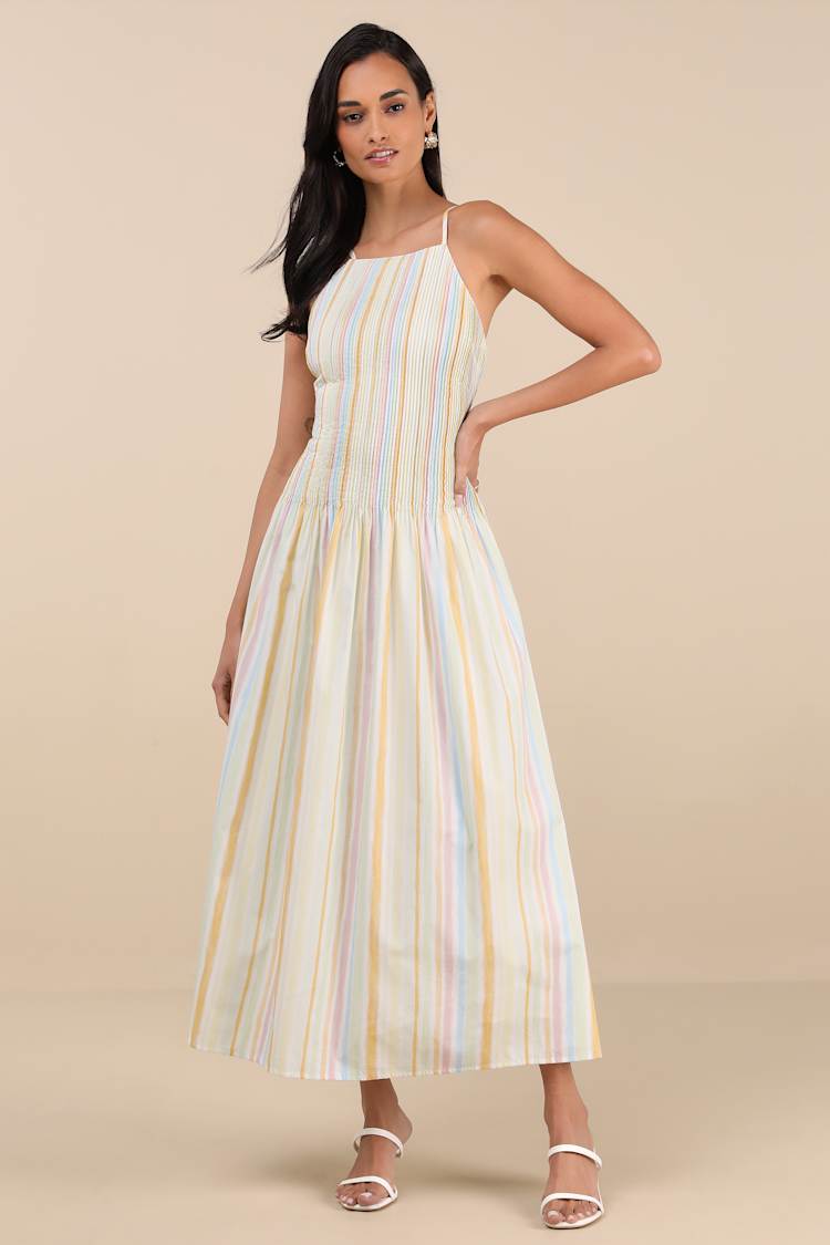 Jalessa Light Yellow Multi Striped Drop Waist Midi Dress