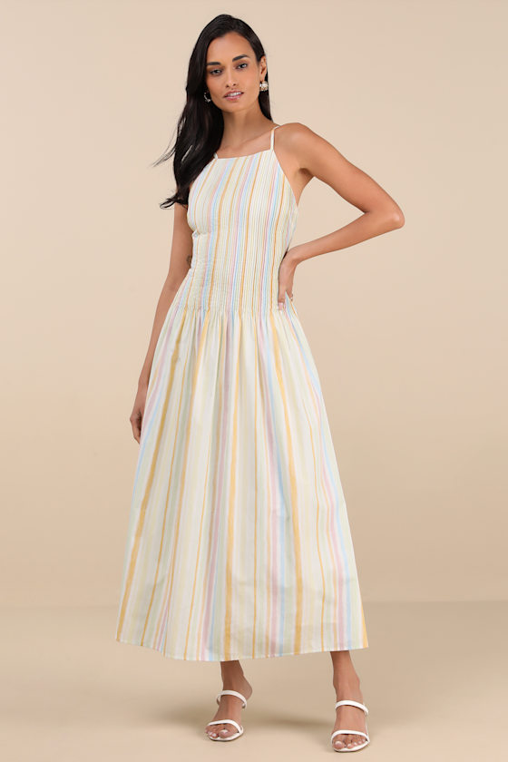 Jalessa Light Yellow Multi Striped Drop Waist Midi Dress
