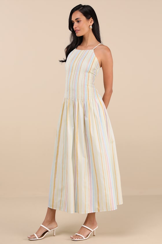 Lulus Jalessa Light Yellow Multi Striped Drop Waist Midi Dress In Light Yellow