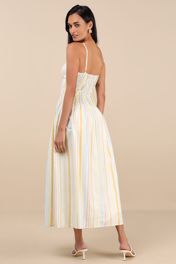 Lulus Jalessa Light Yellow Multi Striped Drop Waist Midi Dress In Light Yellow
