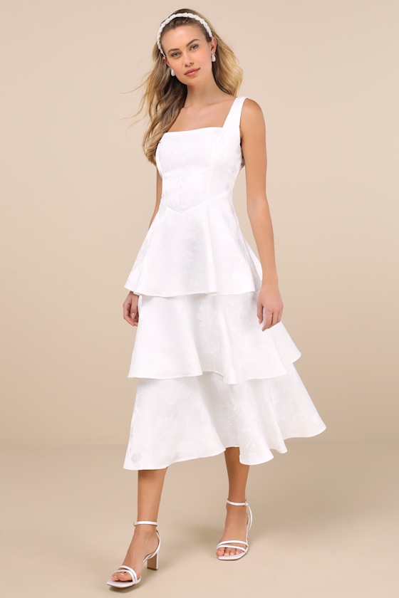 Lulus Elinore White Jacquard Tiered Midi Dress In White