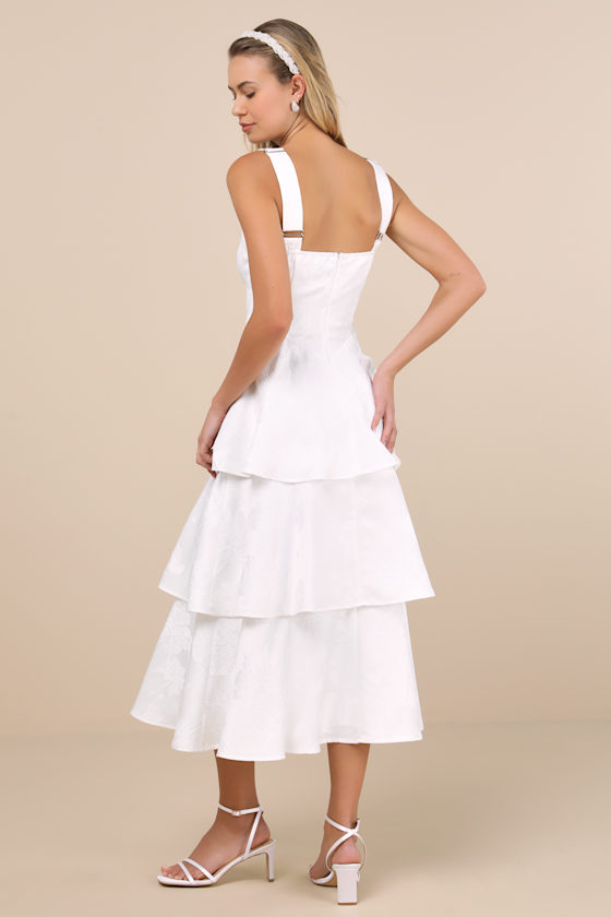 Lulus Elinore White Jacquard Tiered Midi Dress In White