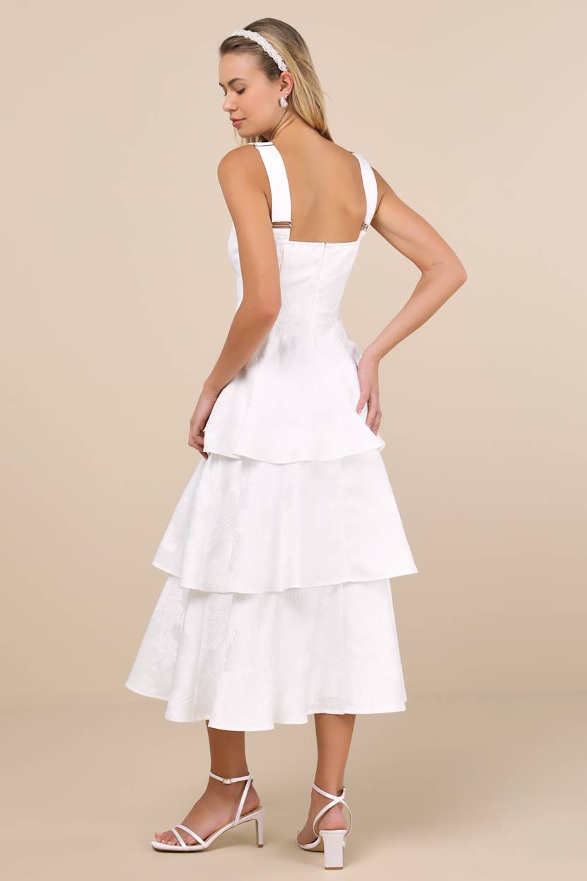 knee length dresses for ladies Berylove Women White Formal Dress with Short Sleeves Jacquard Round Neck Midi Wedding Guest Dress, White / US16 main image 1