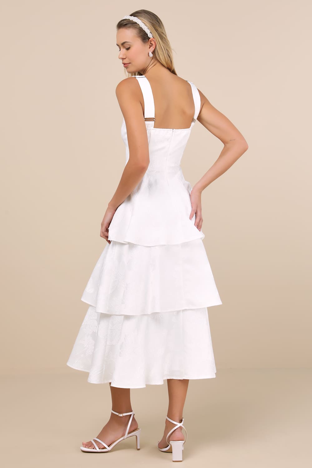 Elinore White Jacquard Tiered Midi Dress