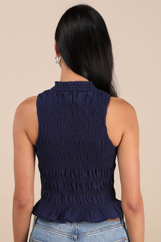 Lulus Rebekka Dark Navy Smocked Mock Neck Peplum Sleeveless Top In Navy